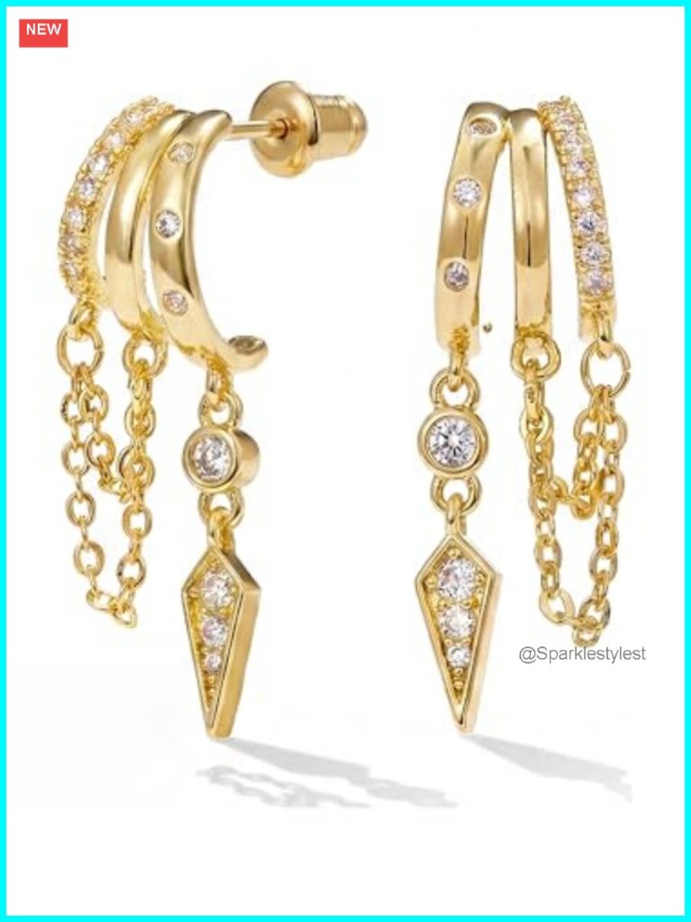 14K Gold Earrings Illusion Stud Dangle Drop Brass Cubic Zirconia
